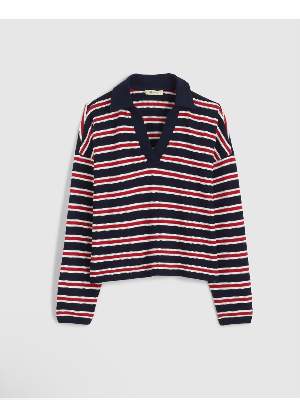 Madewell Navy, Red & White Knit Striped V-Neck Maumau Polo Sweater NR366 Med